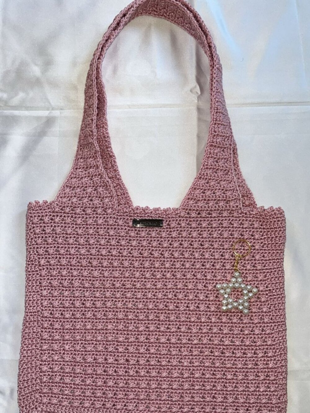 Handmade Crochet Tote Bag Dusty Pink Knit Shoulder Bag Pearl Star Charm NWT